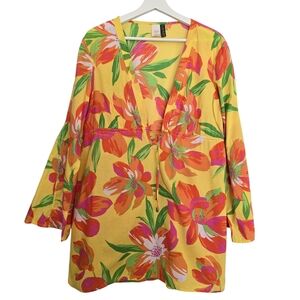 Ralph Lauren Bright Floral Yellow Orange Tropical V-Neck Tunic